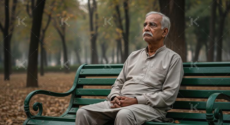 Senior Indian man, dressed casually in a striped shirt and sitti