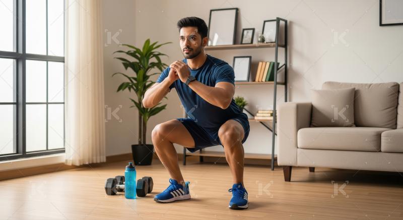 A man in athletic wear is performing squats in a modern living r