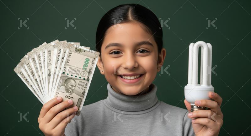 Cute little girl Indian rupee notes in one hand and an energy-sa