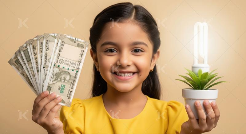Cute little girl Indian rupee notes in one hand and an energy-sa