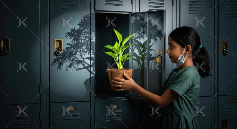 A schoolgirl places a vibrant green potted plant inside a locker