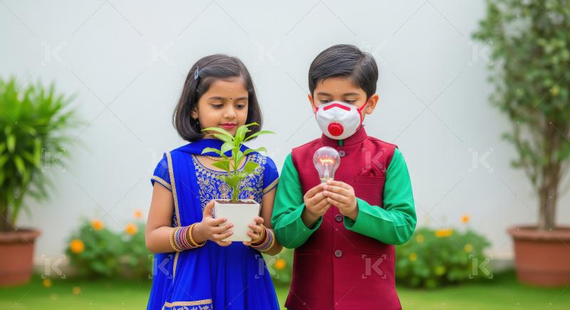 Two children in traditional Indian attire pose together outdoors