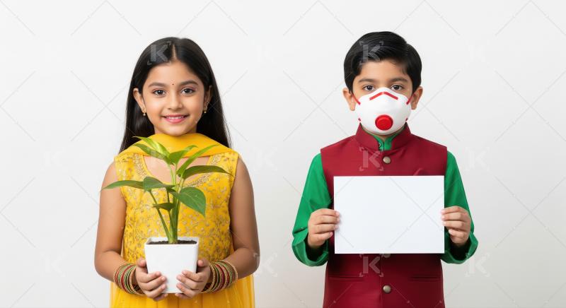 Two children in traditional Indian attire pose together outdoors