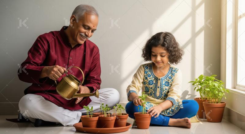 An elder and a little girl sit together indoors near a sunlit wi