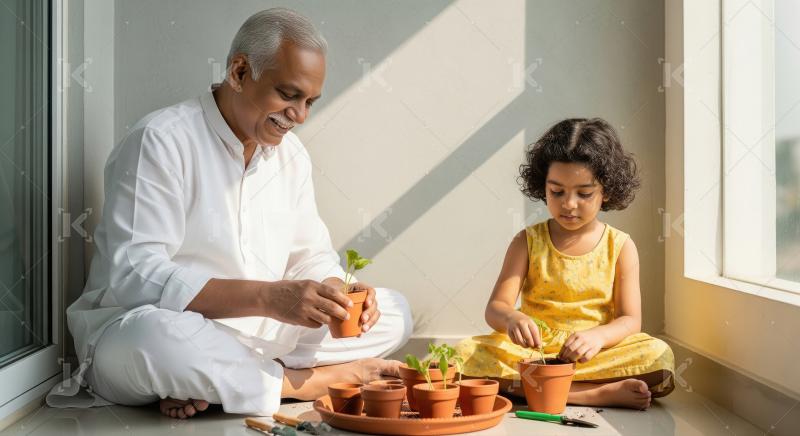 An elder and a little girl sit together indoors near a sunlit wi