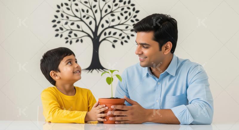 A father and son sit together at a table, holding a potted plant