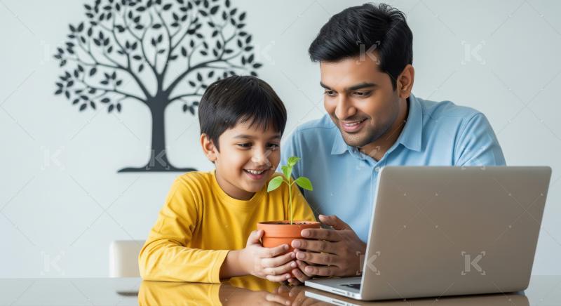 A father and son sit together at a table, holding a potted plant