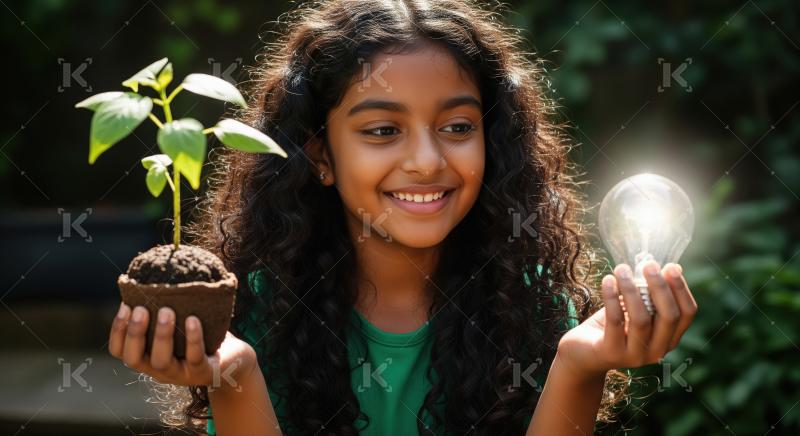 A curly-haired girl holds a seedling and a glowing lightbulb, sy