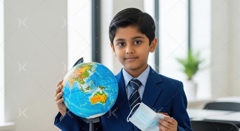 Happy school boy holding globe