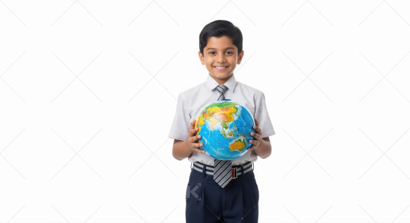Happy school boy holding globe