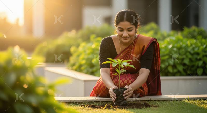 A woman in a traditional sari kneels outdoors, planting a young