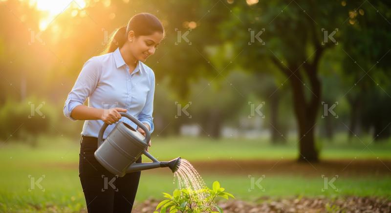 A woman in a blue shirt waters a young plant in a sunlit garden