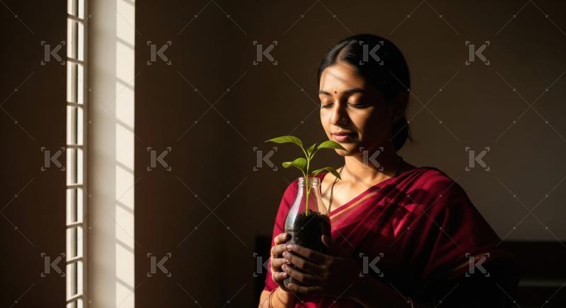 Young woman holding plant in hand