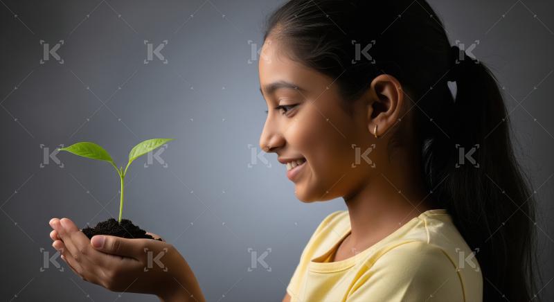 Young woman holding plant in hand