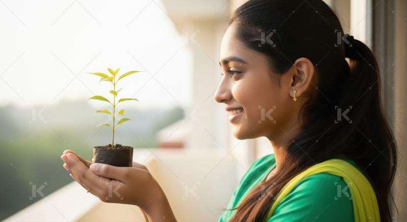 Young woman holding plant in hand
