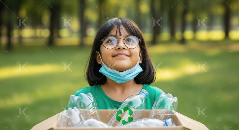 Cute indian little girl holding recycle empty bottle boxes
