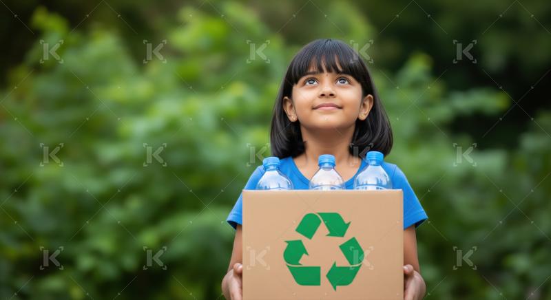 Cute indian little girl holding recycle empty bottle boxes