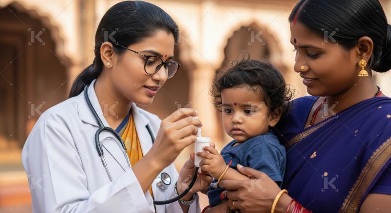A female doctor in a stethoscope administers medicine to a toddl