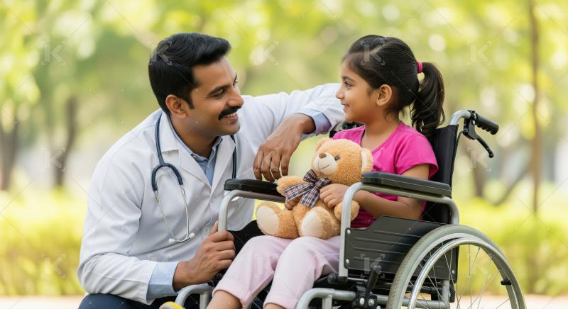 A caring doctor encourages a young girl in a wheelchair holding