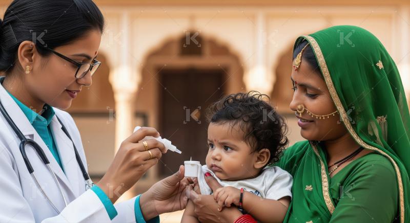 A female doctor in white coat gives oral medicine to a toddler h
