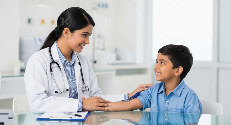 Indian female doctor checking little boy