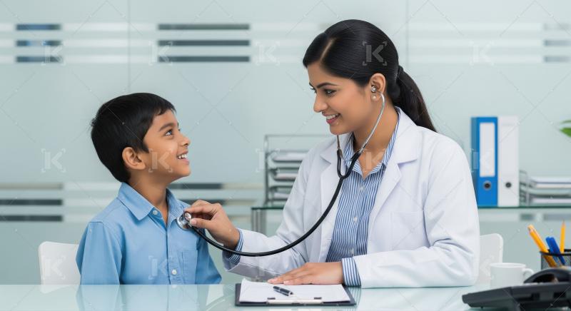 Indian female doctor checking little boy