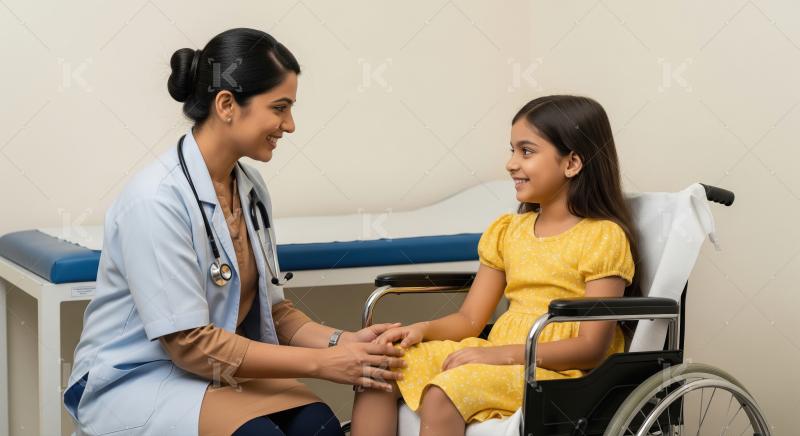 A caring female doctor comforts a young girl in a wheelchair dur