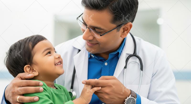 A pediatric doctor gently interacts and reassures a smiling youn