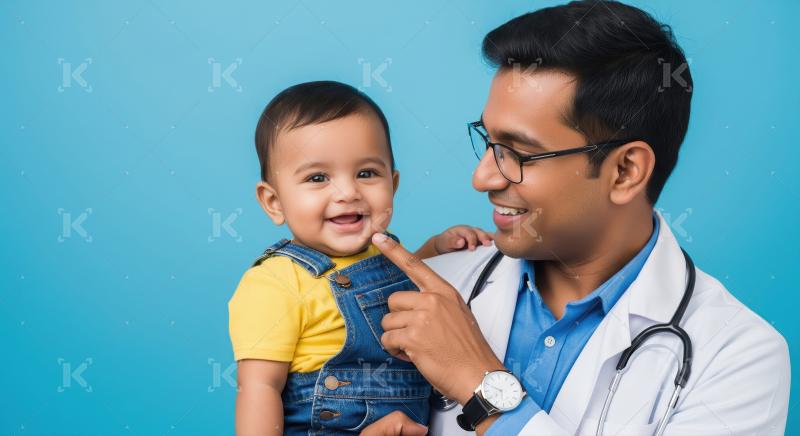 A pediatric doctor gently interacts and reassures a smiling youn