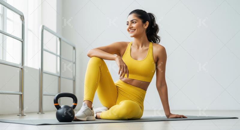 Fitness woman sitting on the floor with dumbell