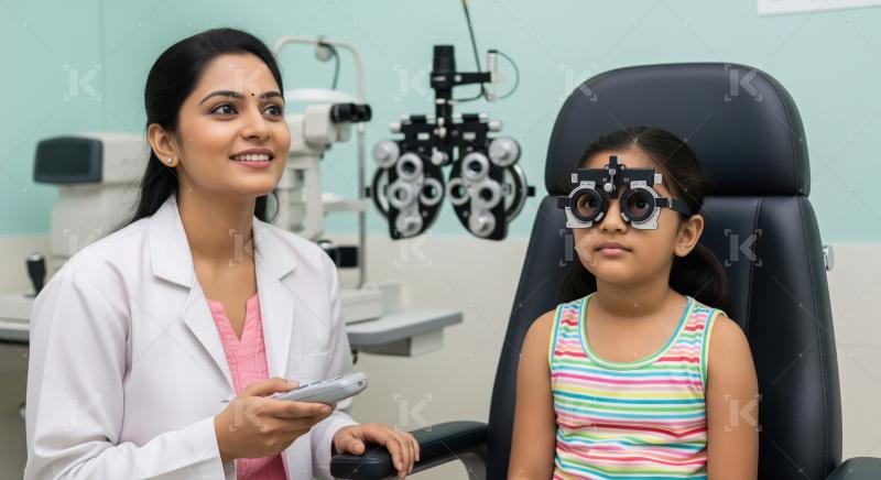 A female optometrist conducts an eye examination for a young gir