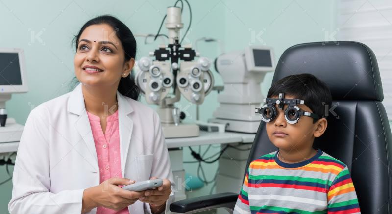 A female optometrist conducts an eye examination for a young gir