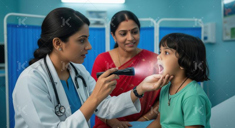 A female doctor examines a young girl’s throat with a flashlig