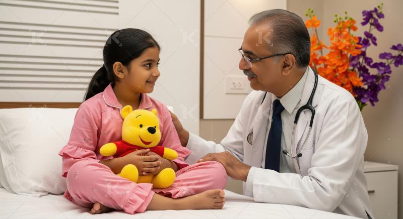 An elderly pediatric doctor comfortingly interacts with a young
