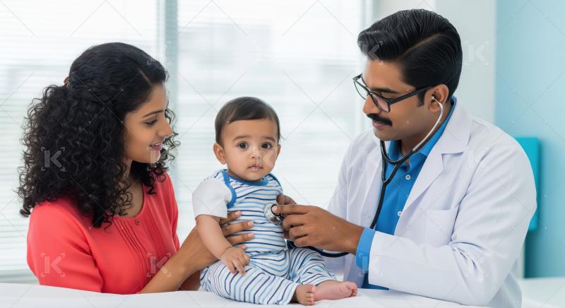 A pediatric doctor gently examines a baby with a stethoscope whi