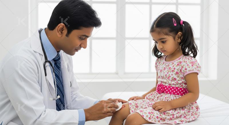 A pediatric doctor gently applies a bandage to a young girl's kn