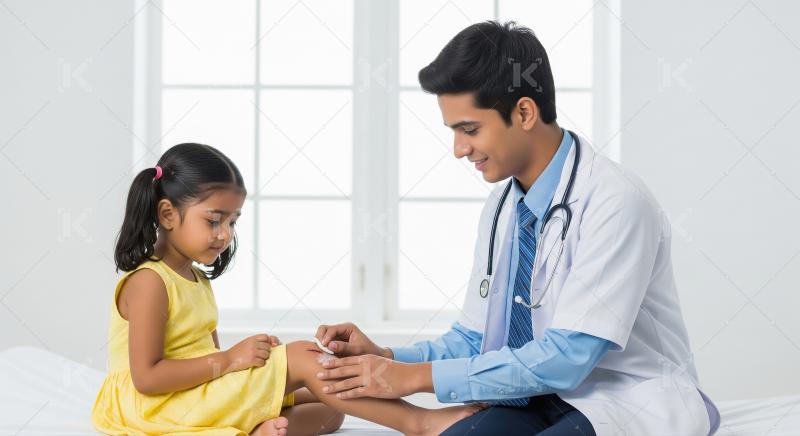A pediatric doctor gently applies a bandage to a young girl's kn