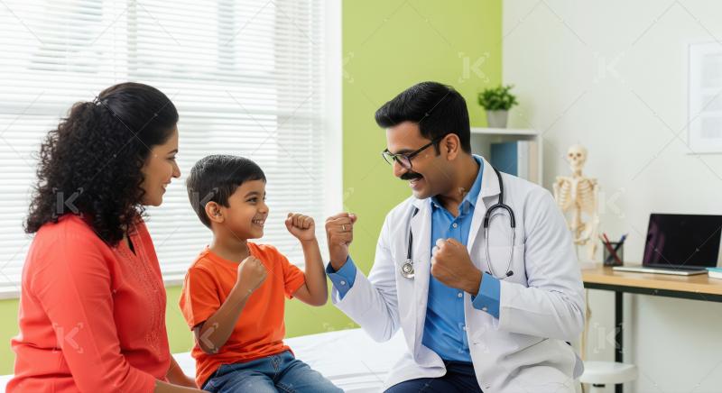 A doctor motivates a child in a clinic with playful fist gesture