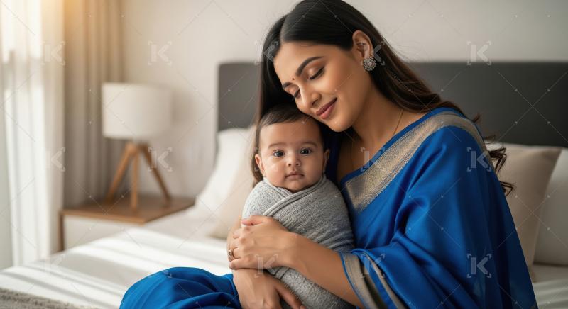 A mother in a blue sari lovingly holds and hugs her baby wrapped