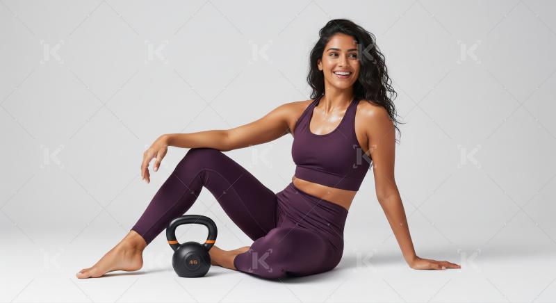 Fitness woman sitting on the floor with dumbell