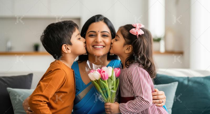 Happy indian mother with her children