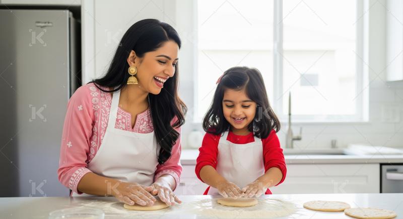 Mother and daughter in aprons roll dough and bake together in a