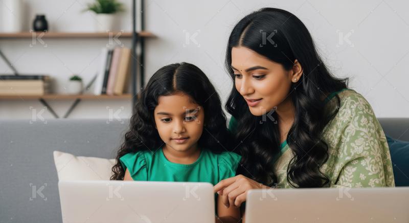 Mother and daughter sit together on a sofa, using laptops and sh