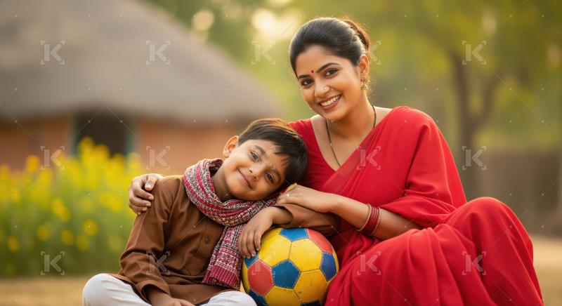 A mother lovingly embraces her child, both dressed in traditiona