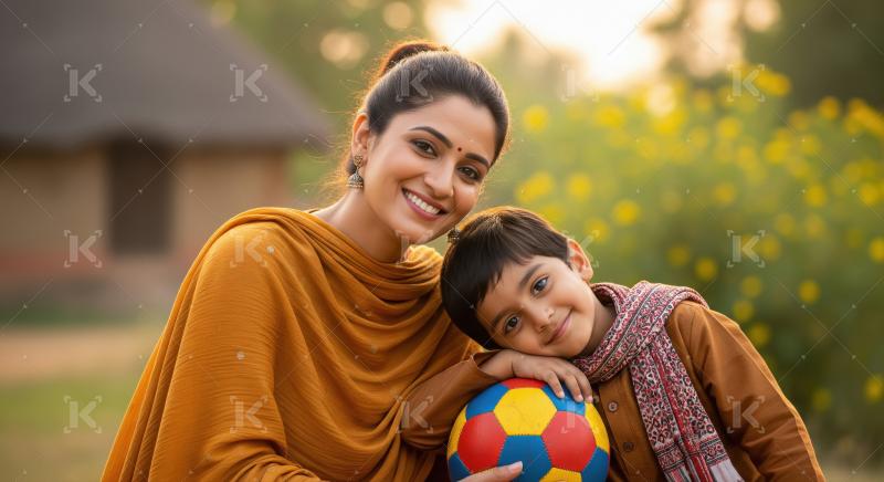 A mother lovingly embraces her child, both dressed in traditiona