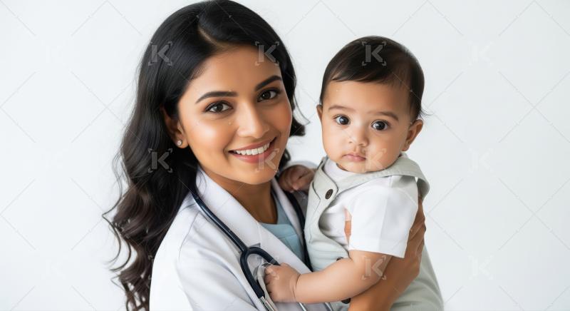 A pediatric doctor warmly holds a baby patient in a white outfit