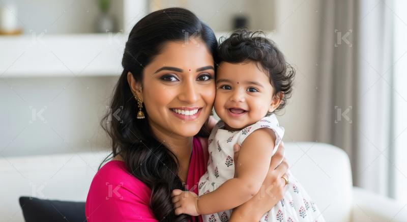 Happy indian mother holding baby girl