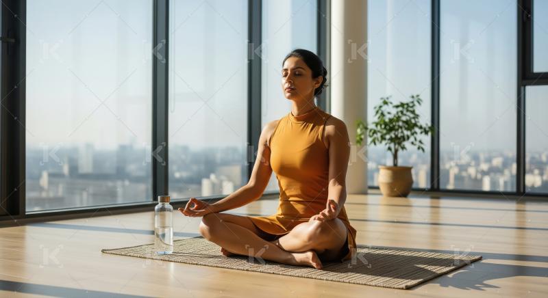 A woman is practicing meditation on a mat with a peaceful and fo