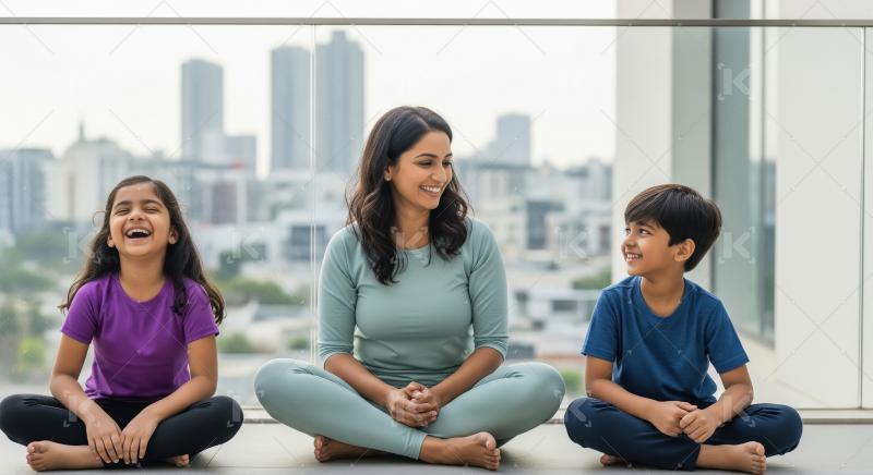 Mother and her two children practice yoga together indoors with
