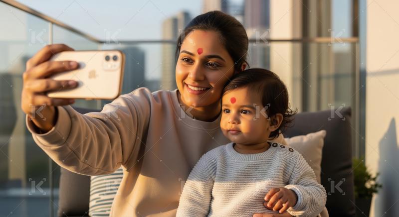 A mother takes a selfie with her toddler in cozy white sweaters